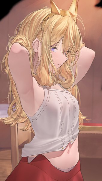 Anime picture 2266x3997 with granblue fantasy cagliostro (granblue fantasy) betabeet single long hair tall image fringe highres blonde hair purple eyes indoors profile armpit (armpits) arms behind head open skirt girl skirt tiara red skirt