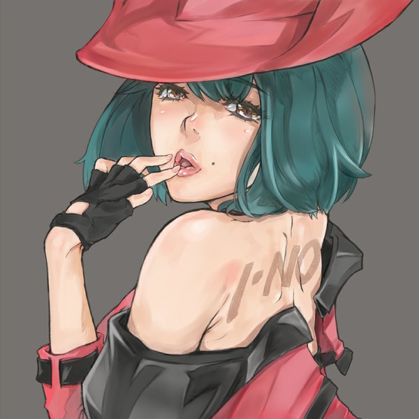 Anime picture 1000x1000 with guilty gear i-no yamaishi (mukoubuti) single looking at viewer short hair simple background bare shoulders brown eyes lips aqua hair grey background mole finger to mouth girl hat fingerless gloves