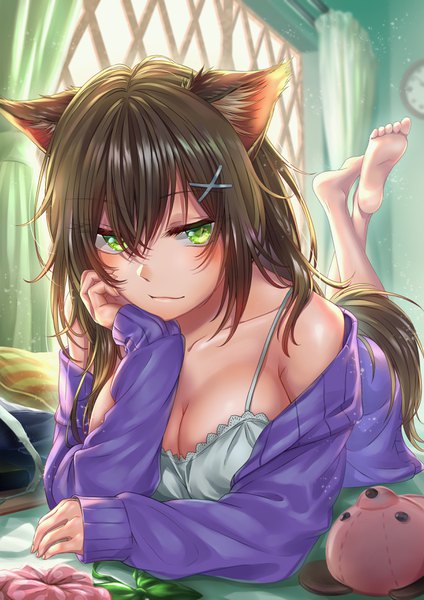 Anime picture 2480x3508 with original routo (rot 0) single long hair tall image looking at viewer blush fringe highres breasts light erotic brown hair green eyes animal ears cleavage full body indoors tail lying animal tail