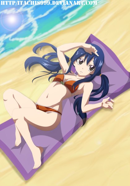 Anime picture 1035x1477 with fairy tail wendy marvell itachis999 single long hair tall image light erotic twintails blue hair lying armpit (armpits) grey eyes coloring sand girl swimsuit bikini water sun