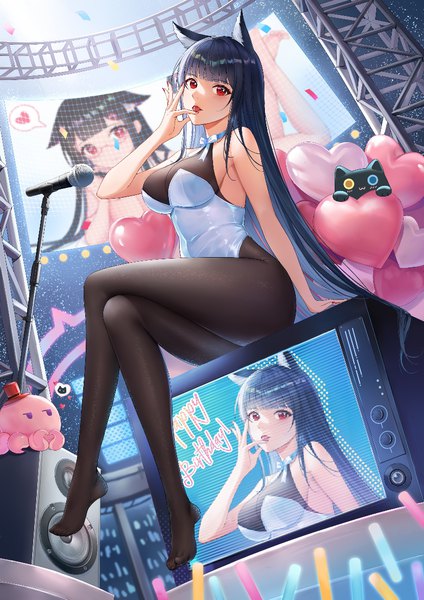 Anime picture 826x1169 with original cha yan guan se single long hair tall image looking at viewer blush fringe breasts light erotic black hair red eyes large breasts sitting animal ears full body blunt bangs nail polish multicolored hair fingernails