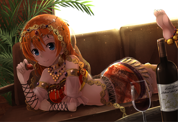 Anime picture 1390x953 with love live! school idol project sunrise (studio) love live! kousaka honoka orein single long hair looking at viewer blue eyes smile lying orange hair girl hair ornament couch wine glass