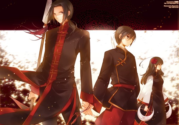 Anime picture 2123x1490 with axis powers hetalia studio deen china (hetalia) taiwan (hetalia) hong kong (hetalia) long hair highres short hair standing ponytail traditional clothes hair flower holding hands chinese clothes group girl dress boy hair ornament weapon