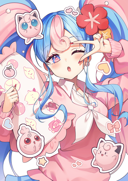 Anime-Bild 1200x1697 mit pokemon vocaloid nintendo project voltage hatsune miku jigglypuff clefairy fairy miku (project voltage) tauros igglybuff pine (angel4195202) single long hair tall image looking at viewer blush open mouth twintails blue hair pink hair
