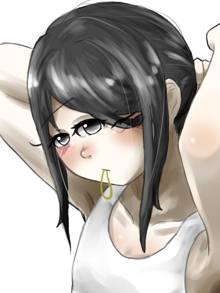 Anime-Bild 2894x3844 mit original kakiagemaru single long hair tall image looking at viewer blush fringe highres black hair simple background white background holding payot upper body one eye closed black eyes arms up mouth hold adjusting hair