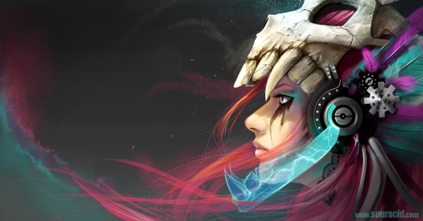 Anime picture 1276x666 with original souracid (artist) single long hair blue eyes wide image looking away pink hair profile realistic face girl feather (feathers) skull gears skull helmet