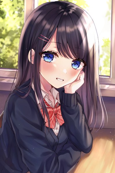 Anime picture 2716x4096 with original parum39 single long hair tall image looking at viewer blush fringe highres blue eyes black hair smile upper body indoors long sleeves parted lips head rest girl uniform school uniform