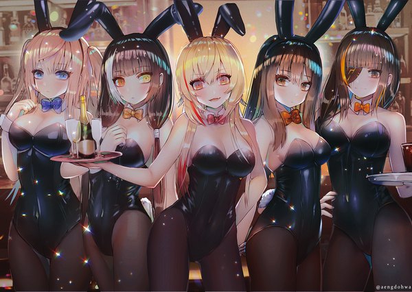Anime picture 1500x1067 with girls frontline m4a1 (girls frontline) m4 sopmod ii (girls frontline) st ar-15 (girls frontline) m16a1 (girls frontline) ro635 (girls frontline) hanato (seonoaiko) long hair looking at viewer blush fringe breasts open mouth blue eyes light erotic blonde hair hair between eyes red eyes brown hair bare shoulders
