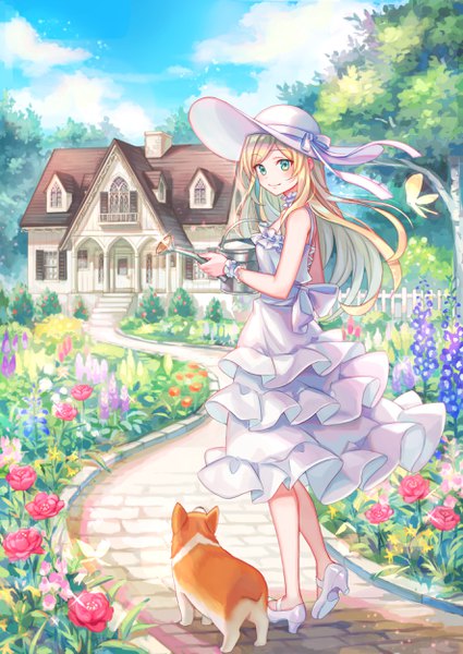 Anime picture 1771x2500 with original zoff (daria) single long hair tall image looking at viewer blush fringe highres blonde hair smile standing holding payot sky cloud (clouds) full body outdoors aqua eyes wind