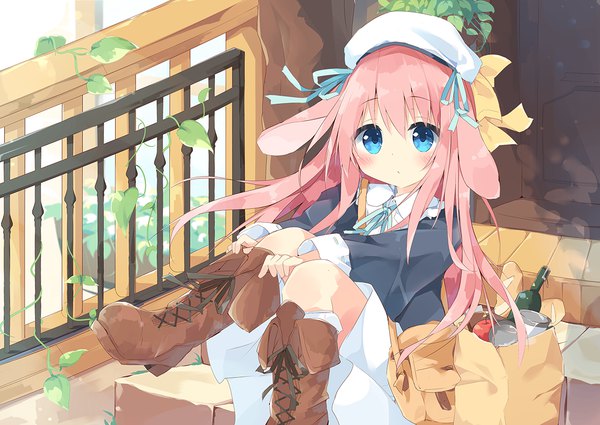 Anime picture 1200x850 with original kushida you single long hair looking at viewer blush fringe blue eyes hair between eyes sitting animal ears payot pink hair outdoors bunny ears bunny girl girl bag beret knee boots