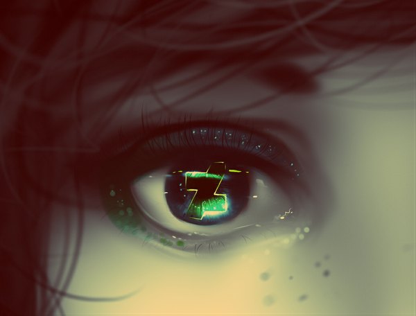 Anime picture 1029x783 with original deviantart (character) ryky single looking at viewer black hair green eyes reflection close-up eyeshadow shiny ambiguous gender green skin eye