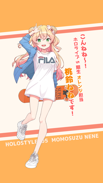 Anime picture 2657x4724 with virtual youtuber hololive fila momosuzu nene quarterlift single long hair tall image fringe highres open mouth blonde hair hair between eyes standing green eyes full body :d arm up open jacket bare legs