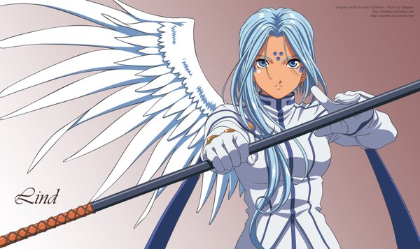 Anime picture 3600x2145 with aa megami-sama anime international company lind single long hair highres blue eyes simple background wide image blue hair absurdres girl wings stick