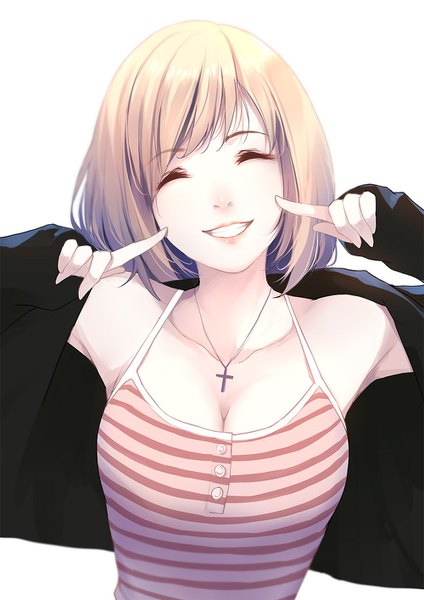 Anime picture 1000x1414 with original caidychen single tall image fringe short hair breasts simple background smile white background bare shoulders cleavage upper body eyes closed long sleeves parted lips head tilt lips off shoulder arms up