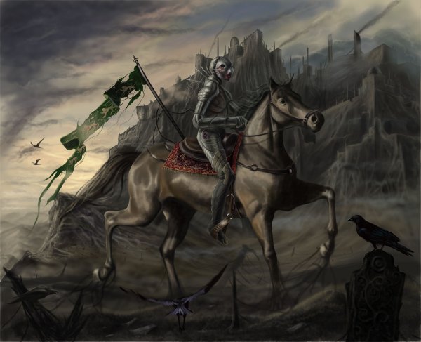 Anime picture 1200x974 with original adoc (artist) armor blood flag castle crow horse