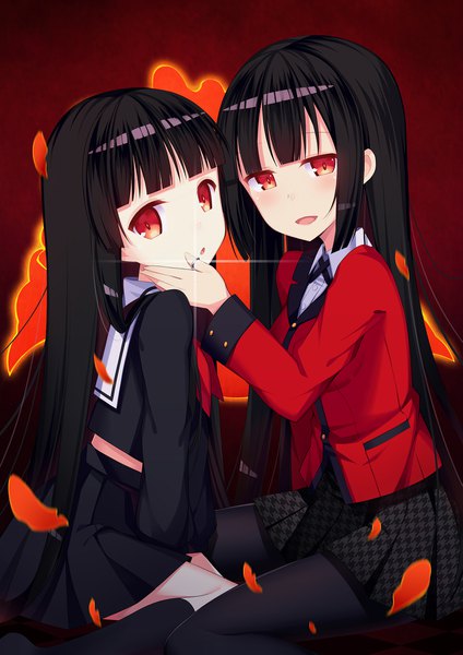 Anime picture 1445x2046 with hell girl kakegurui studio deen enma ai jabami yumeko amemiya ruki long hair tall image looking at viewer blush fringe open mouth black hair red eyes multiple girls blunt bangs :d shoujo ai crossover hand on another's face