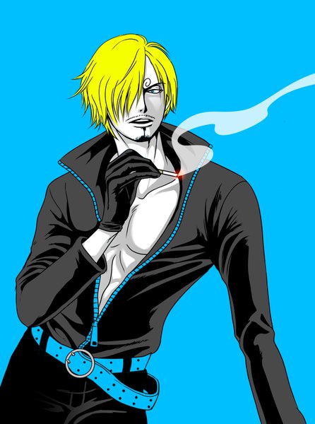 Anime picture 743x1000 with one piece one piece film: gold toei animation sanji danbat miho single tall image fringe short hair open mouth blue eyes simple background blonde hair standing holding looking away upper body hair over one eye teeth blue background