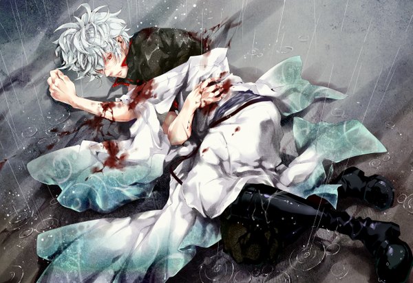 Anime picture 1287x884 with gintama sunrise (studio) sakata gintoki soulberry (ayano) single short hair red eyes silver hair lying japanese clothes rain boy blood thigh boots