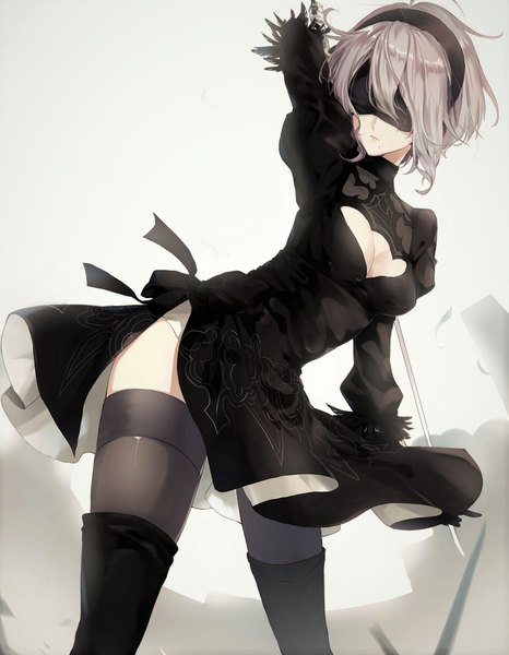 Anime picture 1240x1594 with nier nier:automata yorha no. 2 type b jne*jing single tall image fringe short hair breasts light erotic standing holding upper body lips grey hair mole spread legs puffy sleeves arm behind head cleavage cutout