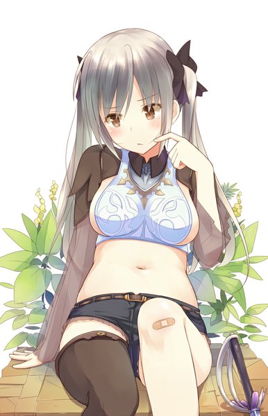 Anime picture 700x1087 with original sakusaku single long hair tall image blush light erotic twintails brown eyes silver hair head tilt finger to mouth bandaid on leg bandaid on knee girl thighhighs navel bow weapon plant (plants)