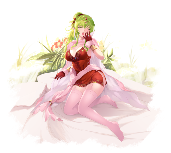 Anime picture 6614x5906 with fire emblem fire emblem awakening nintendo tiki (fire emblem) tiki (adult) (fire emblem) cait single long hair looking at viewer blush fringe highres breasts open mouth light erotic simple background hair between eyes large breasts white background sitting