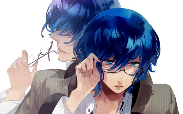 Anime picture 1280x800 with starry sky mizushima iku kazuaki blue eyes simple background wide image white background blue hair back to back boy glasses