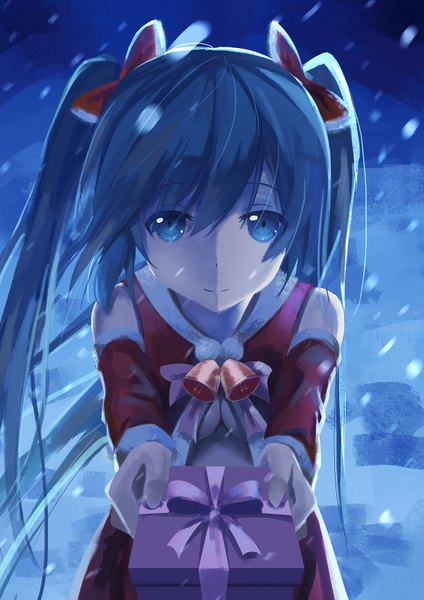 Anime picture 1169x1654 with vocaloid hatsune miku tianya beiming single long hair tall image looking at viewer fringe blue eyes smile standing twintails bare shoulders blue hair wind snowing christmas winter close-up snow