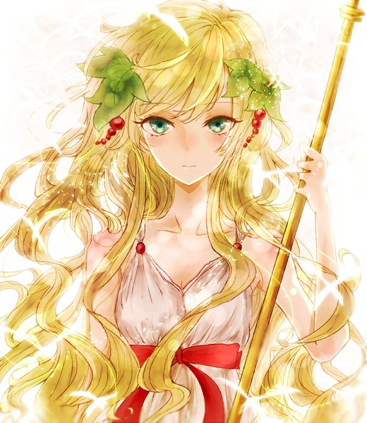 Anime picture 866x1000 with magi the labyrinth of magic a-1 pictures scheherazade (magi) sirono single long hair tall image looking at viewer blush fringe breasts holding green eyes cleavage wavy hair glow girl leaf (leaves)