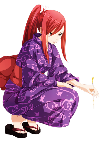 Anime picture 3600x4800 with fairy tail erza scarlet salim202 single long hair tall image highres smile absurdres ponytail red hair traditional clothes japanese clothes pink eyes coloring squat transparent background girl bow hair bow