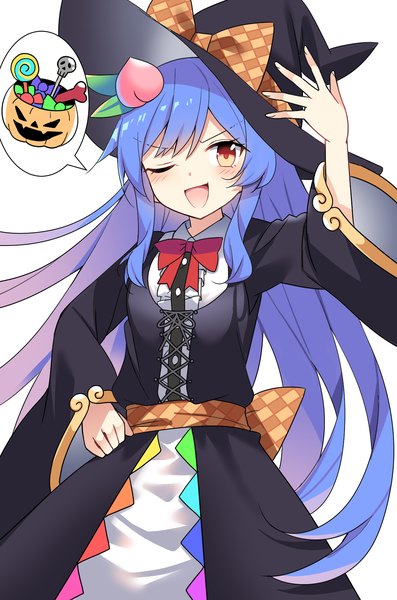 Anime picture 1200x1812 with touhou hinanawi tenshi e.o. single long hair tall image looking at viewer open mouth simple background red eyes standing white background blue hair one eye closed hand on hip halloween ;d adjusting hat girl hat