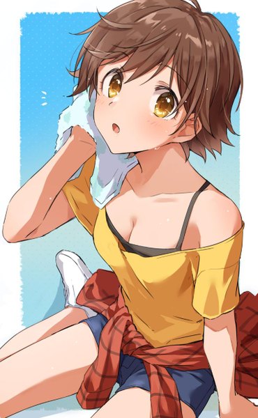 Anime picture 761x1232 with idolmaster idolmaster cinderella girls honda mio zattape single tall image looking at viewer blush fringe short hair breasts brown hair sitting bare shoulders brown eyes cleavage from above sweat wariza casual