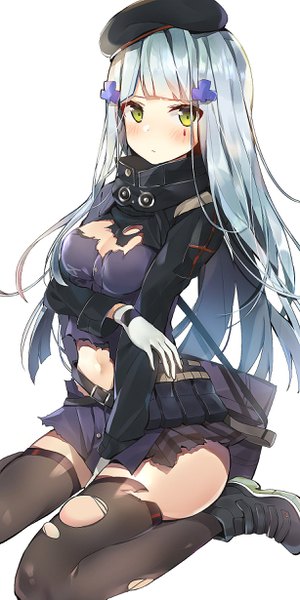 Anime picture 1228x2457 with girls frontline hk416 (girls frontline) sabet (young ouo) single long hair tall image looking at viewer blush fringe breasts light erotic simple background white background sitting green eyes cleavage silver hair blunt bangs pleated skirt bare belly