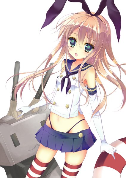 Anime picture 800x1131 with kantai collection shimakaze destroyer rensouhou-chan shiwasu horio long hair tall image looking at viewer blush open mouth blue eyes simple background blonde hair white background midriff girl thighhighs gloves navel bow weapon