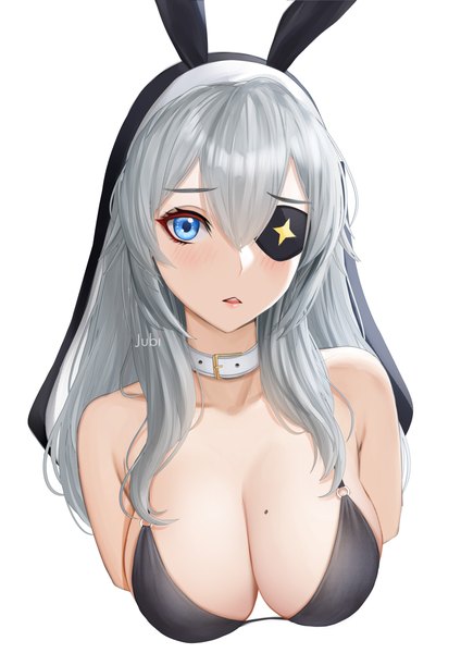 Anime picture 2480x3508 with original millena (jubi) jubi (regiana) single long hair tall image looking at viewer fringe highres breasts blue eyes light erotic simple background hair between eyes large breasts white background bare shoulders signed animal ears upper body