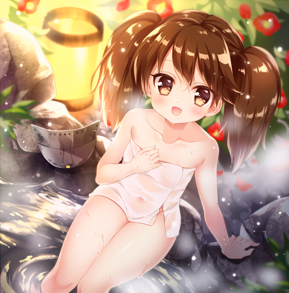 Anime picture 850x863 with kantai collection ryuujou light aircraft carrier mitsuba choco single long hair tall image looking at viewer blush open mouth light erotic brown hair sitting twintails brown eyes :d from above arm support wet covered navel headwear removed