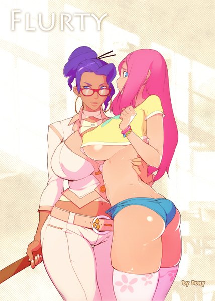 Anime picture 964x1350 with my little pony fluttershy rarity doxy (artist) long hair tall image short hair breasts blue eyes light erotic multiple girls pink hair purple hair ass lips hug huge breasts personification girl thighhighs