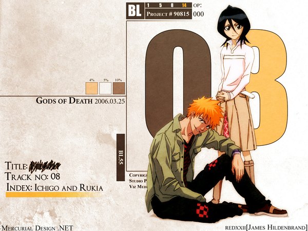 Anime picture 1024x768 with bleach studio pierrot kurosaki ichigo kuchiki rukia james hildenbrand (redxxii) looking at viewer short hair black hair smile standing sitting signed bent knee (knees) head tilt orange hair inscription open shirt character names third-party edit girl