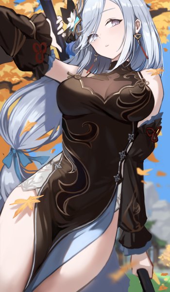 Anime picture 2917x5000 with genshin impact shenhe (genshin impact) shenhe (frostflower dew) (genshin impact) seorang single long hair tall image fringe highres breasts light erotic large breasts silver hair outdoors hair over one eye official alternate costume low ponytail side slit silver eyes autumn