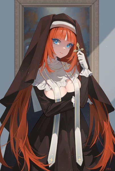 Anime picture 2753x4093 with genshin impact nilou (genshin impact) ai dongdong single long hair tall image looking at viewer fringe highres breasts blue eyes light erotic large breasts cleavage red hair blunt bangs alternate costume nun girl cross