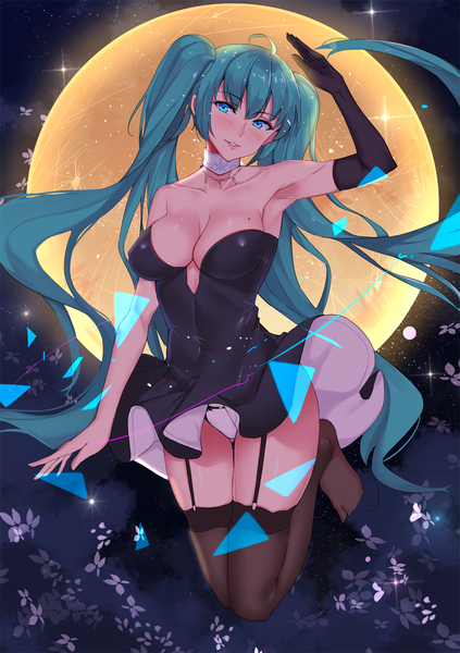 Anime picture 900x1277 with vocaloid hatsune miku muko (kokia38) single tall image looking at viewer blush fringe breasts light erotic hair between eyes large breasts twintails bare shoulders cleavage full body ahoge very long hair parted lips head tilt