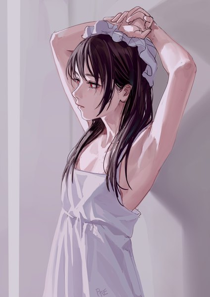 Anime picture 1000x1415 with original fkey single long hair tall image fringe simple background hair between eyes red eyes standing signed payot looking away profile grey background arms up shadow otoko no ko against wall crossdress
