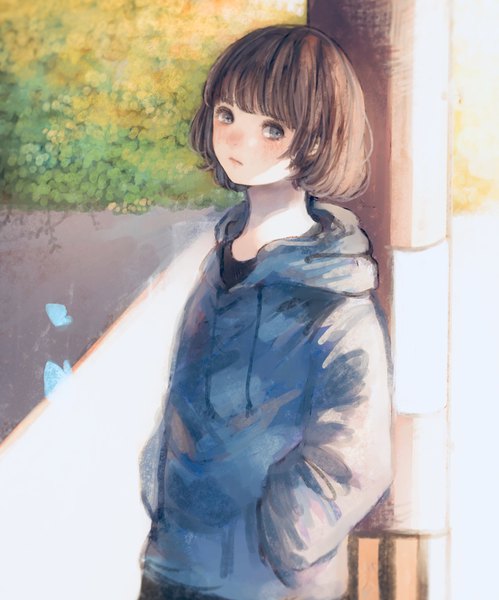 Anime picture 1606x1932 with original orie h single tall image fringe short hair brown hair outdoors blunt bangs grey eyes hands in pockets girl hood hoodie