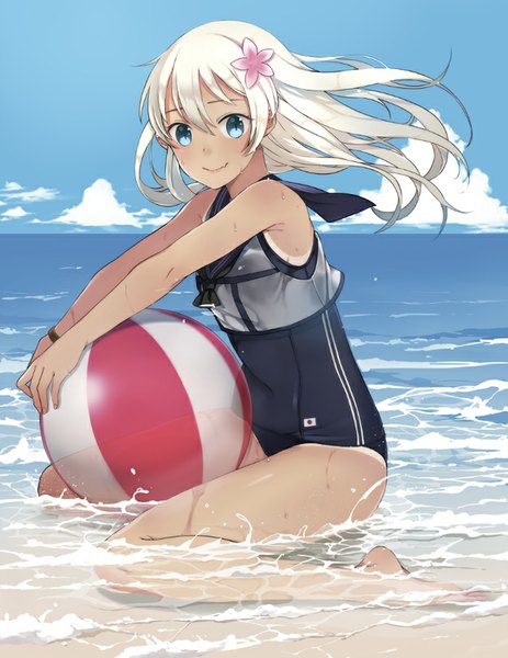 Anime picture 700x907 with kantai collection ro-500 submarine oniku (oishii oniku) single long hair tall image looking at viewer fringe blue eyes smile hair between eyes sitting sky cloud (clouds) white hair hair flower wind partially submerged wariza horizon