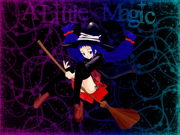 Anime picture 1024x768 with mahou sensei negima! ayase yue single long hair looking at viewer blue eyes light erotic twintails blue hair full body low twintails broom riding girl thighhighs skirt black thighhighs hat witch hat broom