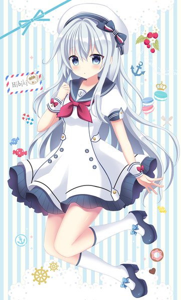 Anime picture 712x1181 with kantai collection hibiki destroyer mayo (miyusa) single long hair tall image looking at viewer blush fringe blue eyes hair between eyes payot silver hair full body bent knee (knees) alternate costume puffy sleeves character names frilled dress jumping