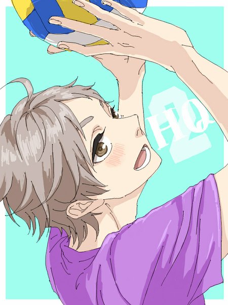 Anime picture 600x800 with haikyuu!! production i.g sugawara koushi nayuta (hanayushi) single tall image blush short hair open mouth simple background brown eyes ahoge looking back from above grey hair arms up copyright name eyebrows framed aqua background