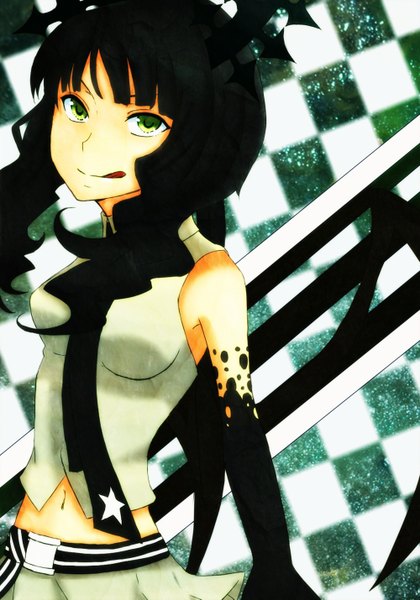Anime picture 1000x1429 with black rock shooter dead master single long hair tall image black hair green eyes horn (horns) looking up :p stretch girl gloves navel weapon