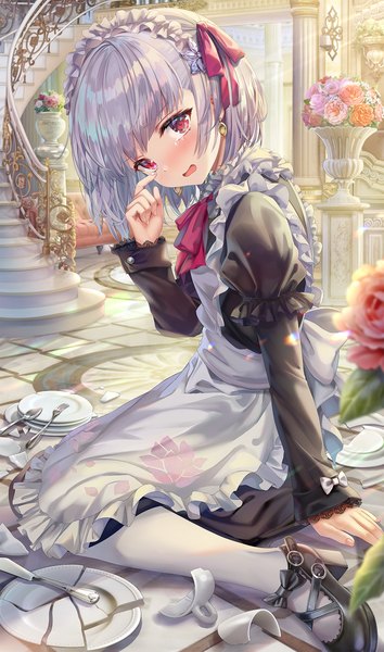 Anime picture 1200x2032 with fate (series) fate/grand order kama (fate) torino aqua single tall image looking at viewer blush fringe short hair open mouth red eyes sitting payot silver hair full body bent knee (knees) indoors long sleeves head tilt