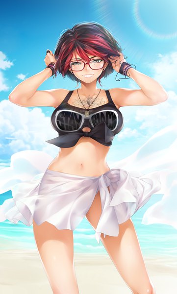 Anime picture 1927x3204 with stayblack ashley rosemarry kopianget single tall image looking at viewer highres short hair light erotic black hair smile sky cloud (clouds) red hair multicolored hair two-tone hair midriff tattoo beach adjusting hair