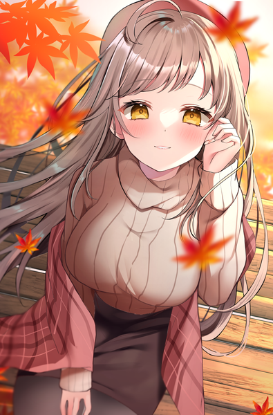 Anime picture 921x1400 with original hamico single long hair tall image looking at viewer blush brown hair sitting yellow eyes ahoge outdoors from above wind autumn girl leaf (leaves) sweater beret autumn leaves